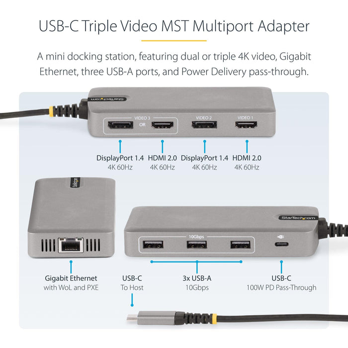 Startech Usb-c Triple-monitor Multiport Adapter, Dual 4k 30hz + 4k 60hz Hdmi & D