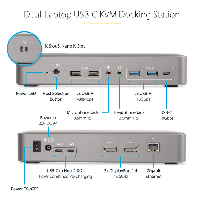 StarTech.com - Dual-Laptop USB-C KVM Docking Station, Dual Monitor 4K 60Hz DisplayPort Dock, 5-Port USB Hub, GbE, 90W/45W Power Delivery to Two Laptops, Windows/Mac, 2-Host KVM Dock - TAA