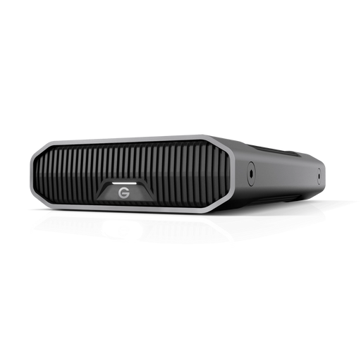 Gray G-DRIVE external hard drive viewed from the front and angled to the left