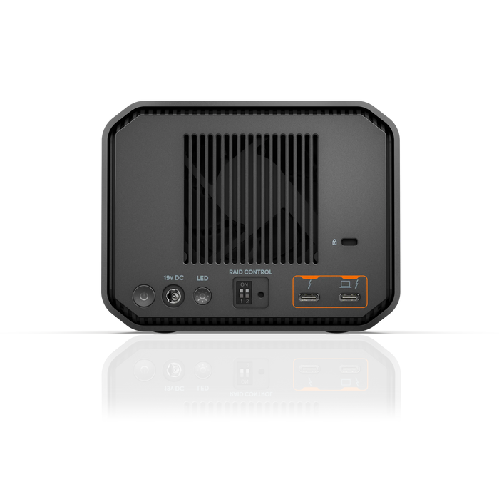G-RAID PROJECT 2 desktop hard drive viewed from the back with power button, LED button, 19v DC port and USB-C ports