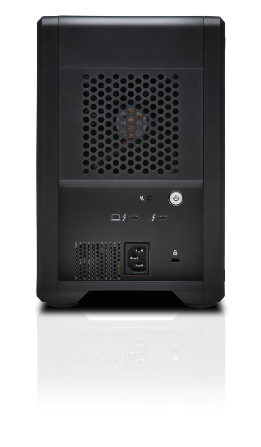G-RAID Shuttle 4 viewed from the back with the power button, alimentation port and USB-C ports