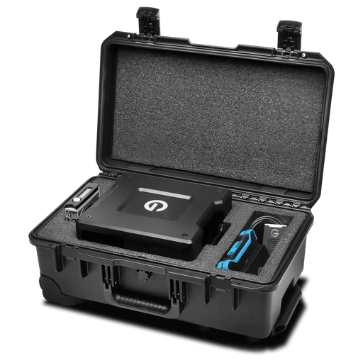 Pelican Storm iM2500 Opened protective case with disk, drive and cable inside
