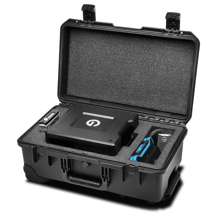 Pelican Storm iM2500 Opened protective case with disk, drive and cable inside
