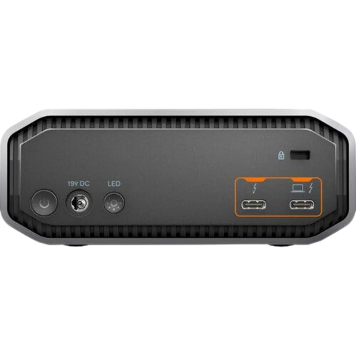 G-DRIVE PROJECT external desktop drive back view showing power button, 19v DC port, LED button and 2 USB-C alimentation ports
