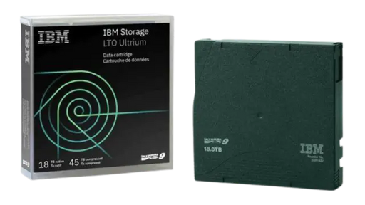 IBM Ultrium LTO 9 case standing on the left and tape standing on the right