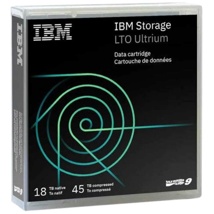 IBM Ultrium LTO 9 case viewed from the front and angled to the right