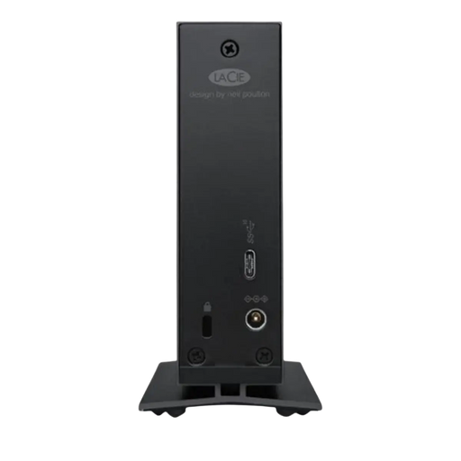 Black LaCie d2 Professional external hdd viewed from the back showing the USB-C port and power port
