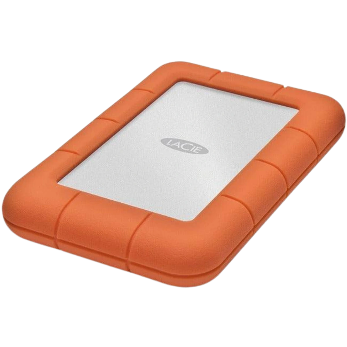 Disque dur LaCie Rugged Mini vu de face et incliné vers le bas à gauche