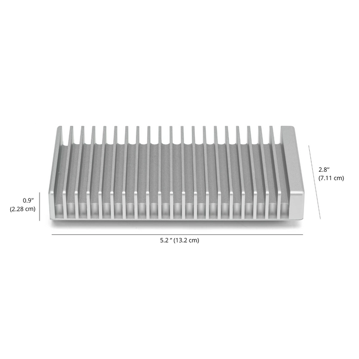 OWC Express 1M2 external SSD drive viewed from the side showing the drive measurements in inches and centimeters.
