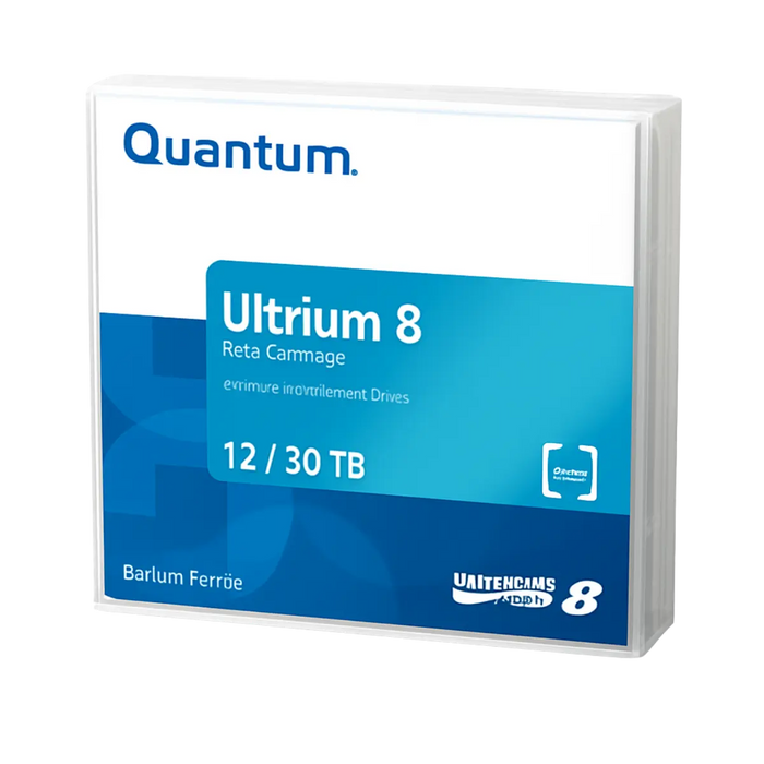 Quantum LTO Ultrium 8 case viewed from the front and angled to the left