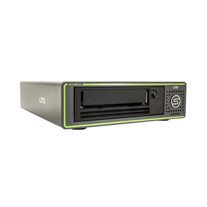 SymplyPRO SAS LTO half-height desktop tape drive viewed from the front and angled to the right