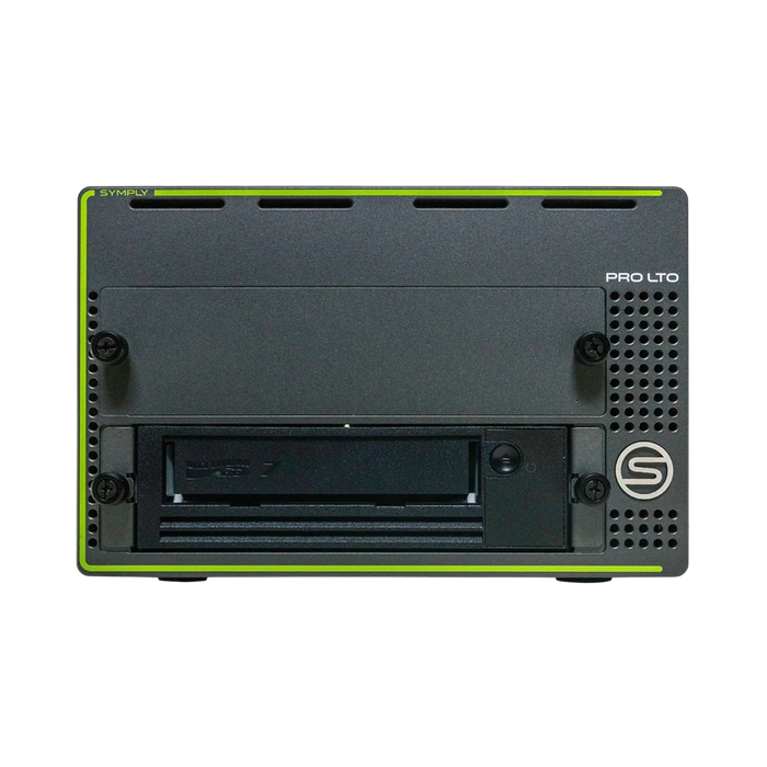 SymplyPRO XTH SAS black and green with LTO-7 tape drive in the bottom bay, viewed from the front