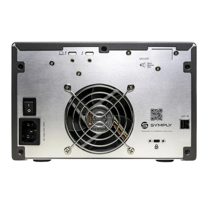 SymplyPRO XTH SAS viewed from the back. showing the power switch, power cable port, SAS port and alimentation ports