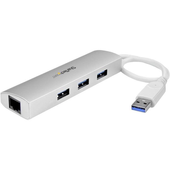 StarTech.com 3 Port Portable USB 3.0 Hub plus Gigabit Ethernet - Built-In Cable - Aluminum USB Hub with GbE Adapter