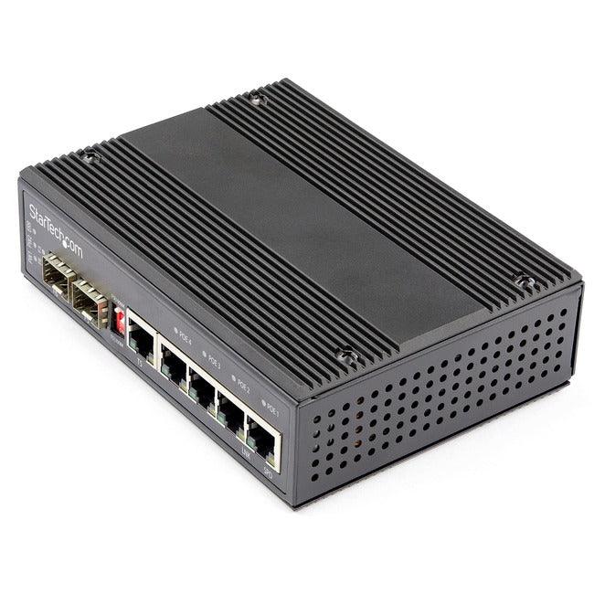 StarTech.com Industrial 6 Port Gigabit Ethernet Switch w/4 PoE RJ45 +2 SFP Slots 30W 802.3at PoE+ 12-48VDC 10/100/1000 Mbps -40C to 75C