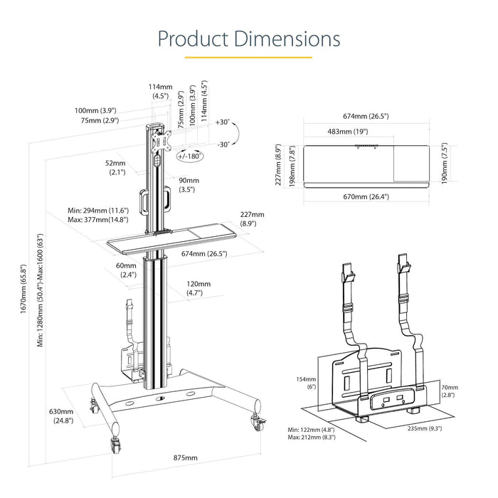 Startech Standing Mobile Workstation Cart Supports 17lb Vesa Monitor (tilt/rotate) - Secu
